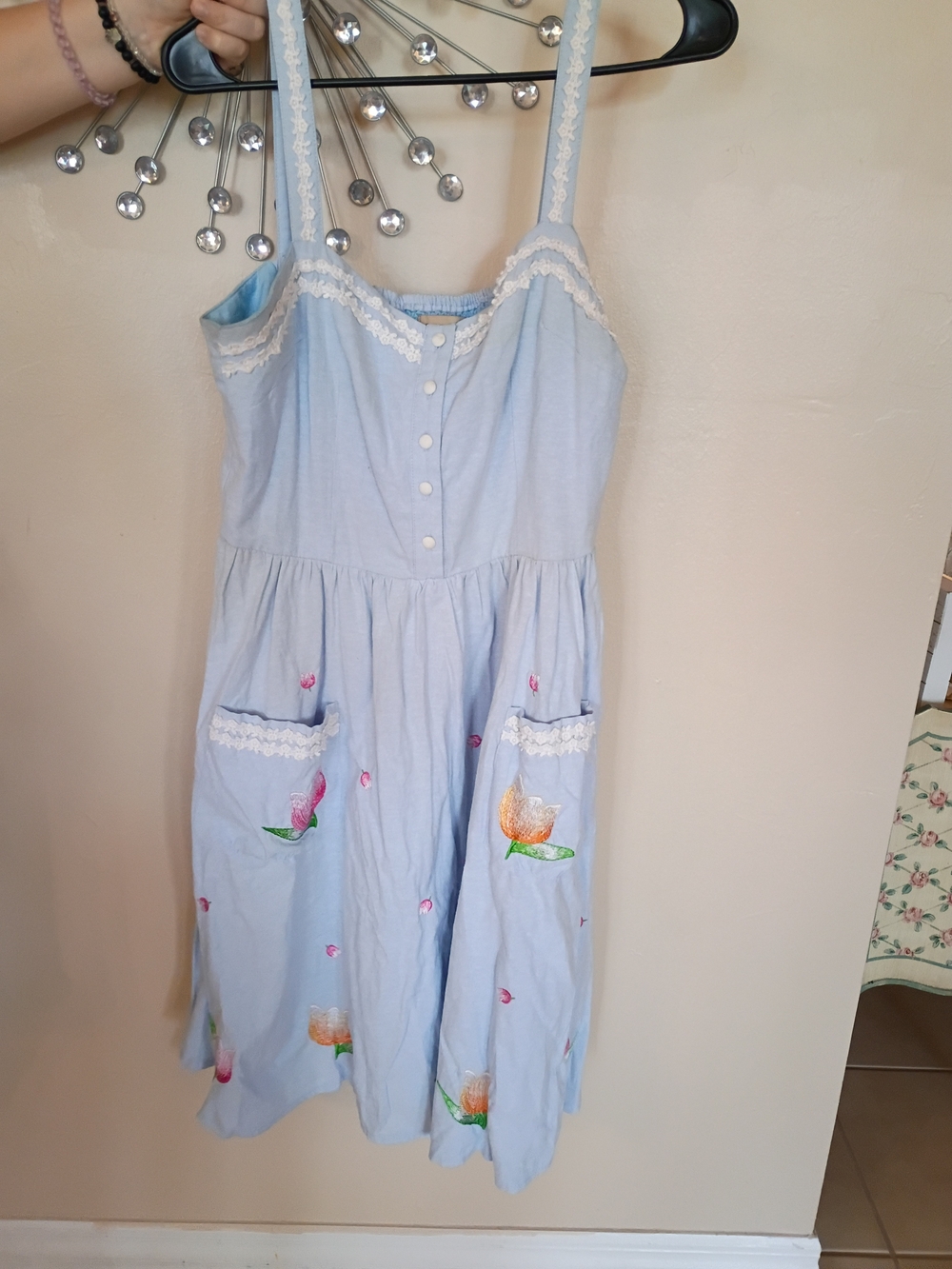 Lindy Bop Light Blue Embroidered Tulip Sundress with Lace Trim